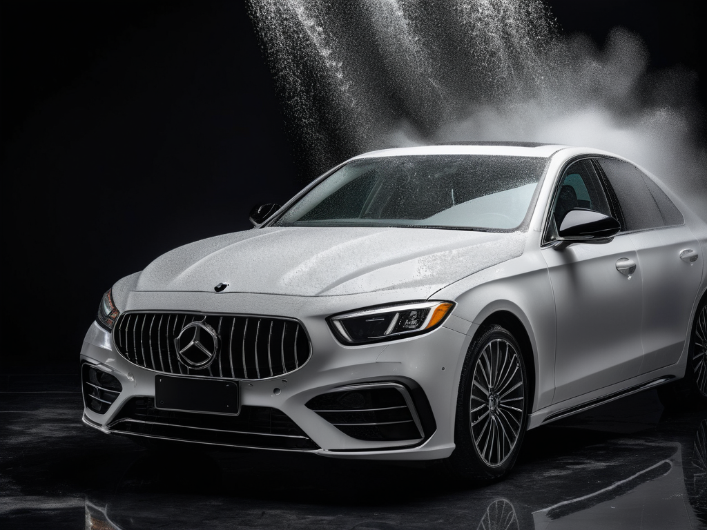Foam car wash service on a dark sedan