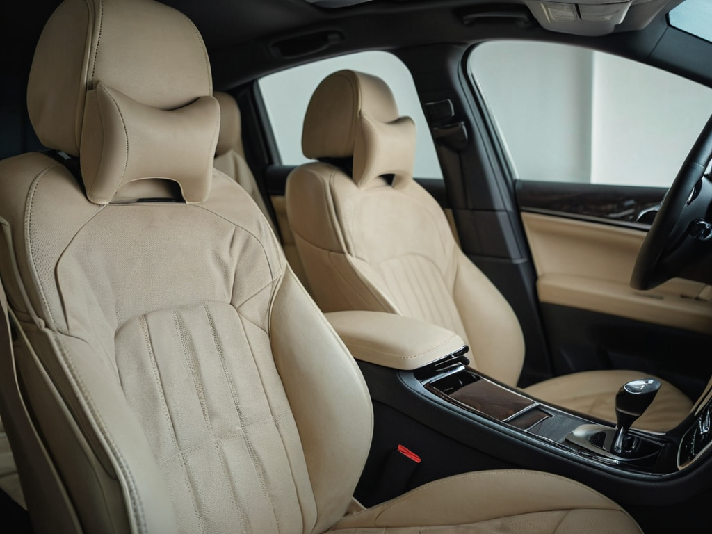 Interior detailing with microfiber cleaning on a luxury vehicle cabin