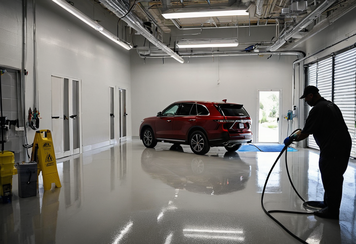Clean professional auto detailing bay with tools, lighting, and a vehicle in service